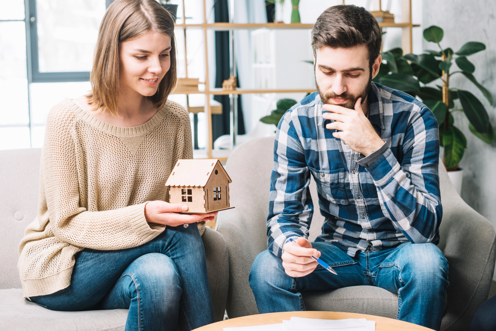 a couple sitting together and a girl holding a house in her hand