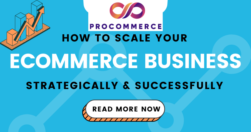 Scaling an e-commerce business affordably with strategies like automation, customer retention, and data-driven decisions. A graph shows upward growth trends alongside a shopping cart and digital icons.