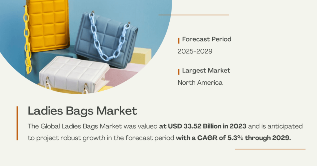 The Global Ladies Bags Market stood at USD 33.52 Billion and may grow with a CAGR of 5.3% through 2029. Free Sample Report.